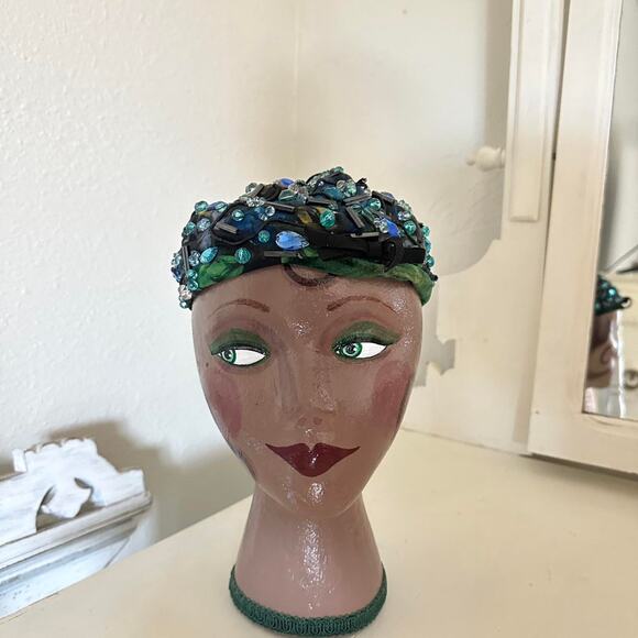 Nicholas Ungar Vintage Blue Green Jeweled and Beaded Hat Green Blue 1950s - Picture 2 of 3